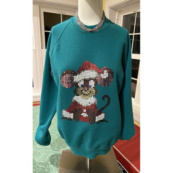 Grandma Core Vintage Christmas Mouse Sweatshirt Santa Suit Sequined 1990s Sz‎ M - Picture 1 of 2